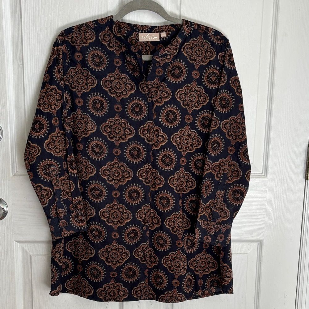 NEW Utsa Navy Cotton Kurti Brown Medallion Print Heritage India size 42 size L